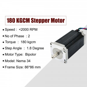 Close-up of a black Nema 34 stepper motor with technical specifications listed.