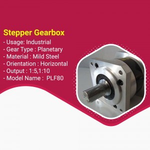 Close-up of a silver stepper gearbox with specifications listed on a red background.