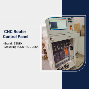 Close-up of a ZENEX CNC Router Control Panel with detailed wiring and a digital display.