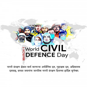World Civil Defence Day poster with diverse faces and a world map