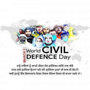World Civil Defence Day poster with diverse faces and a world map background.