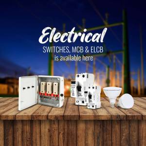 Electrical switches, MCB, and ELCB displayed on a wooden surface with a power line background.