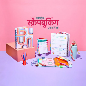 Colorful stationery and scrapbooking supplies arranged on a pink and purple background.