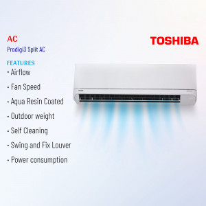 Toshiba Prodigi3 Split AC with features listed