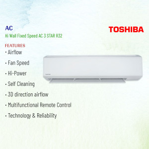 Toshiba Fixed Speed AC unit with features listed