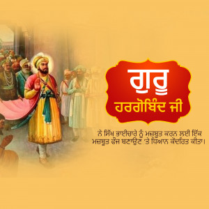 Image depicting Guru Gobind Singh with followers and text in Punjabi