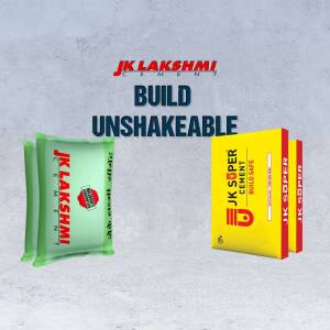 Three bags of JK Lakshmi Cement, showcasing different product lines.