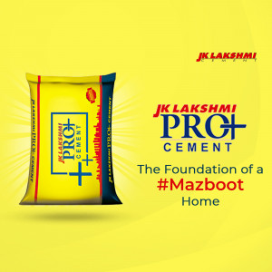Image of a JK Lakshmi Pro+ Cement bag with branding and tagline.