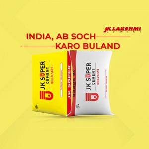 Three bags of JK Super Cement stacked against a yellow background with text 'India, Ab Soch Karo Buland'