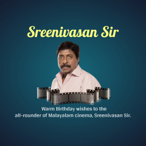 Portrait of Sreenivasan, a Malayalam cinema actor, with film reel graphics.