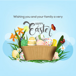 Easter basket with colorful eggs, flowers, and butterflies