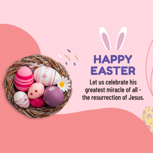 Easter eggs in a nest with bunny ears and a religious message