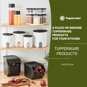 Tupperware containers and storage products displayed on shelves and countertops.