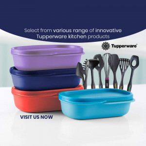 Assortment of colorful Tupperware containers and kitchen utensils