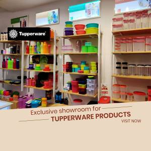 Interior view of a Tupperware showroom with colorful plastic containers and storage solutions on display.