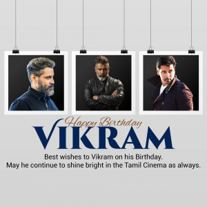 Birthday greeting for actor Vikram with three portraits