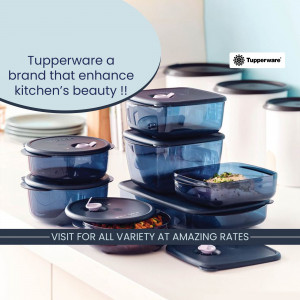 A variety of Tupperware containers in blue and black colors displayed on a kitchen counter.