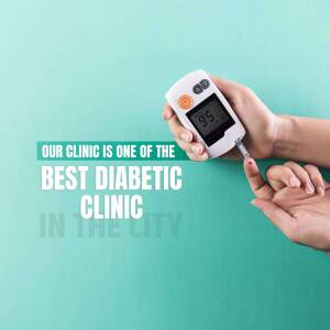 A person checking their blood sugar with a glucose meter, promoting a diabetic clinic.