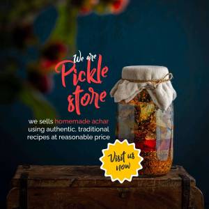A jar of homemade pickle with the Pickle Store logo and text promoting authentic, traditional recipes.