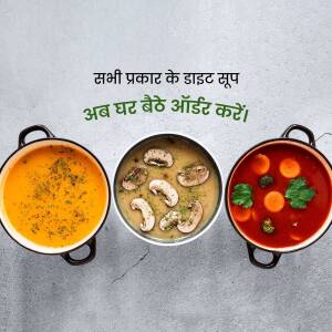 Three pots of different colored soups on a textured surface with Hindi text.