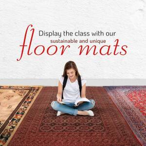 Woman reading on floor mats, showcasing sustainable and unique floor coverings.