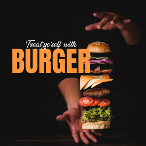 Floating burger with ingredients, hands reaching for it