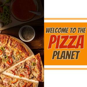 A promotional image for Pizza Planet featuring a delicious pizza and tomato sauce.