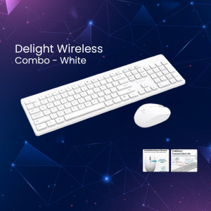 White wireless keyboard and mouse combo on a blue gradient background