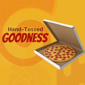 Pizza in an open box with the text 'Hand-Tossed Goodness'