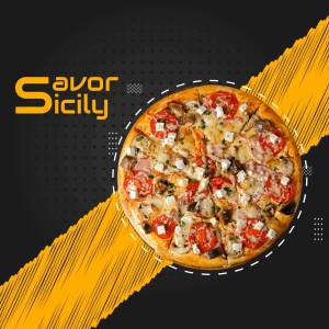 A vibrant promotional image of a Sicilian-style pizza with tomatoes, mushrooms, and feta cheese.