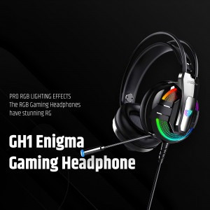 Close-up of black and RGB illuminated gaming headphones