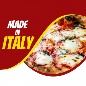 Close-up of a Margherita pizza with 'Made in Italy' text overlay