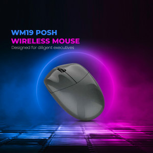 Close-up of a sleek, gray wireless mouse against a vibrant blue and pink abstract background.