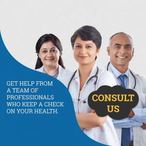 Three healthcare professionals - two women and one man - smiling at the camera with text promoting health consultations.