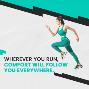 Woman running in teal athletic wear with motivational text.