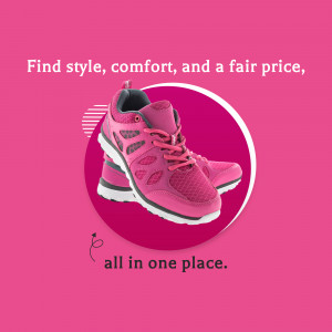 Pink women's running shoes on a pink background with promotional text.
