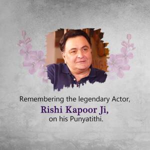 Portrait of Rishi Kapoor with floral elements and a remembrance message.