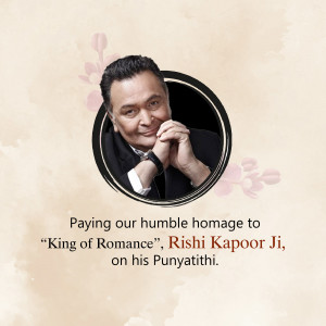 Portrait of Rishi Kapoor with floral decorations and a tribute message.