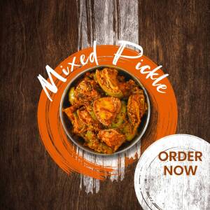 A bowl of mixed pickle with a vibrant orange background and 'Order Now' button.