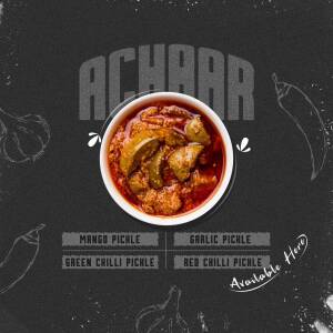A bowl of vibrant mango pickle with garlic and chili, surrounded by illustrations of ingredients.