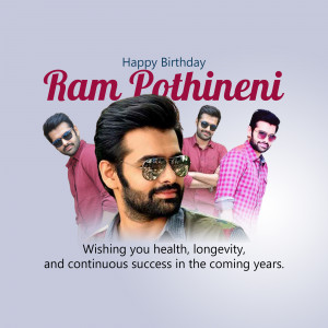 Birthday greeting for Ram Pothineni featuring multiple images of the actor.