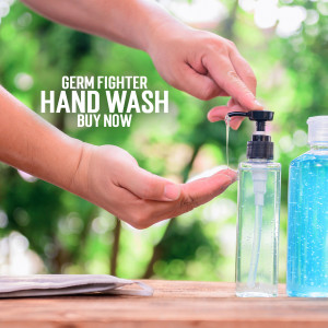 Close-up of hands washing with liquid soap, promoting hygiene and germ protection.