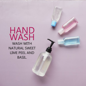 Hand wash bottles with text promoting natural ingredients