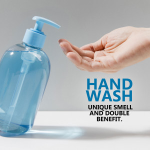 Blue hand soap dispenser with a hand reaching for it, promoting hand washing.