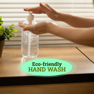 Hands being sanitized with eco-friendly hand wash pump