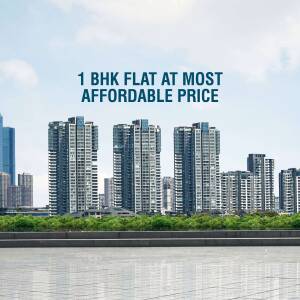 Image of modern apartment buildings with text '1 BHK FLAT AT MOST AFFORDABLE PRICE'