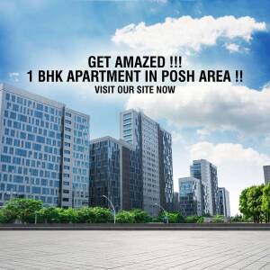 Modern apartment building with blue sky and text promoting 1 BHK apartments