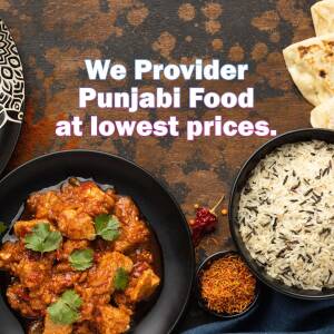 Delicious Punjabi food with rice, curry, and naan