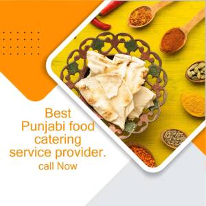 Punjabi food spread with spices and bread, advertising catering services.