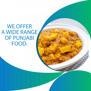 A bowl of Punjabi Chole Masala with a promotional text overlay.